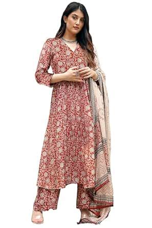 Buy GoSriKi Women's Rayon Viscose Anarkali Printed Kurta with Pant ...