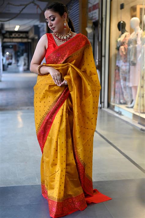 Mustard With Red Pure Silk Sambalpuri Handloom Saree with Heavy Pallu ...