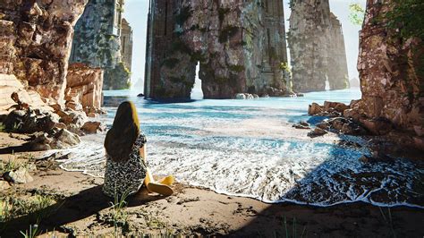 Download wallpaper 1600x900 girl, shore, sea, rocks, alone, art ...