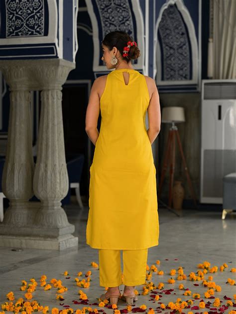 Varanga yellow solid kurta paired with tonal bottom and printed ...