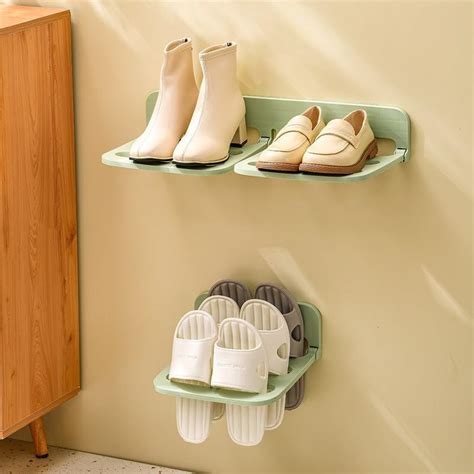 SAKSAA Plastic Wall Hanging Shoe Rack Wall Mounted Foldable & Adhesive ...