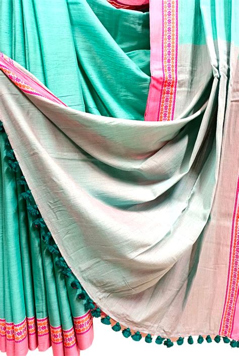 Sea-Green Soft Handloom Cotton Woven Border Saree - Balaram Saha