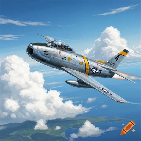 An F-86 Sabre fighter jet flying through clouds above the ocean. on Craiyon