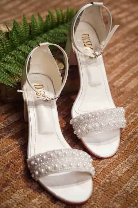 Buy White Embroidery Pearl Embellished Block Heels by Tiesta Online at ...
