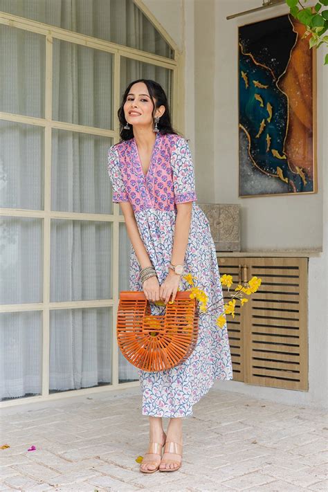 Peach Floral Printed V-Neck Gathered Detailed Cotton A-Line Midi Ethni ...