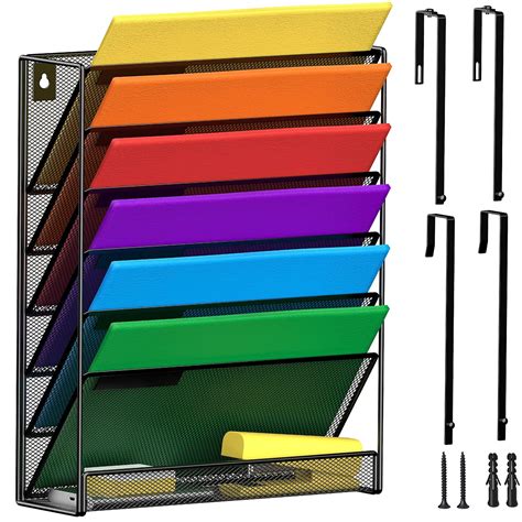MINDEPOT 7-Tier Wall Hanging File Organizer, Black Metal Mesh Document ...