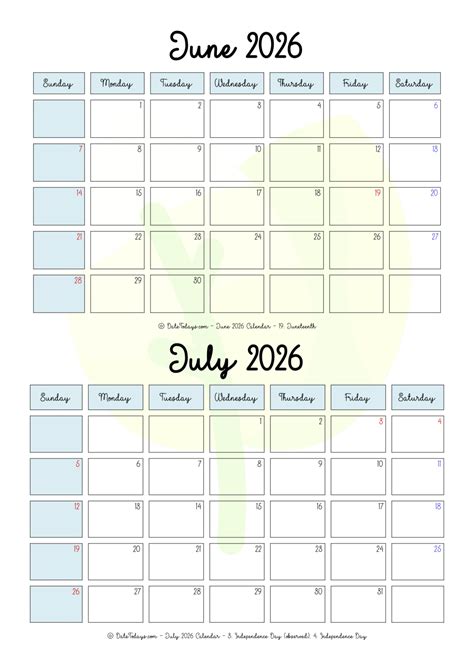 June July 2026 Calendar Printable PDF