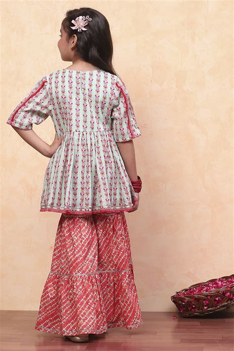 Aqua and Coral Pure Cotton Printed Peplum Suit Set at Biba India
