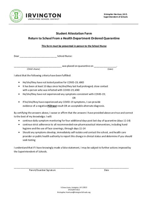 Fillable Online Student Attestation Form Return to School From a Health ...