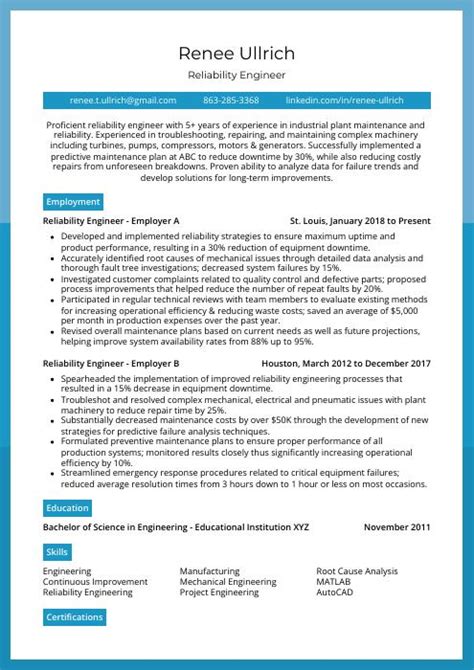 Image result for Reliability Engineer Resume Examples