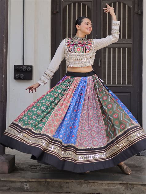 Multicolor Cotton with Gota Patti Mirror Work Gamthi Embroidery Leheng ...