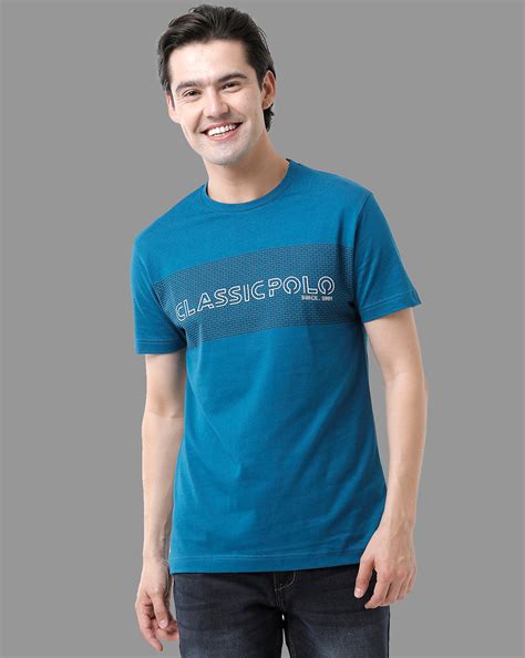 Classic Polo Mens Cotton Half Sleeve Printed Slim Fit Round Neck Blue