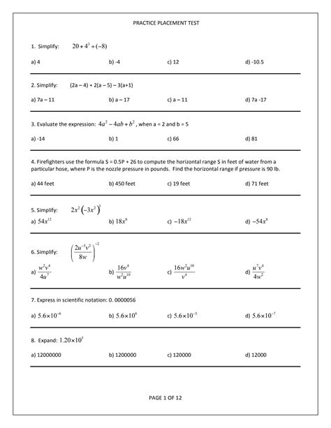 Image result for Math Placement Test Sample