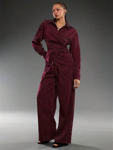 Normani Women's Cinched Waist, Wrap, Korean Style, Retro Striped Shirt ...