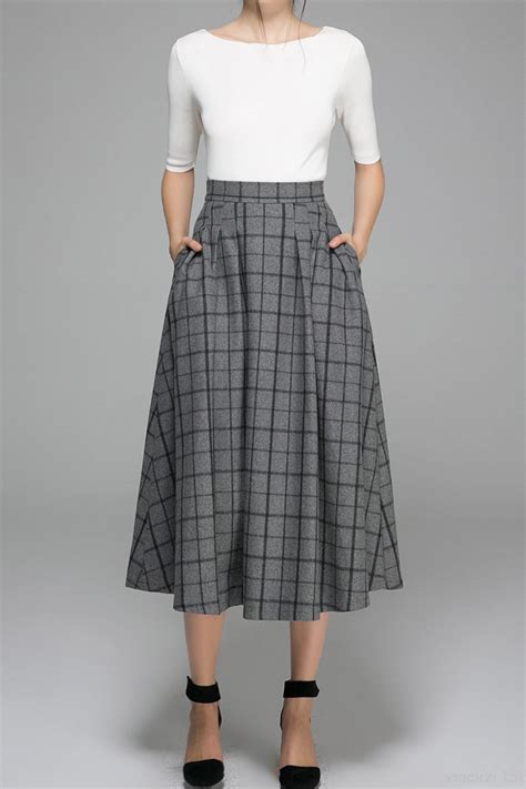 Gray Plaid skirt wool skirt midi skirt winter skirt womens | Etsy