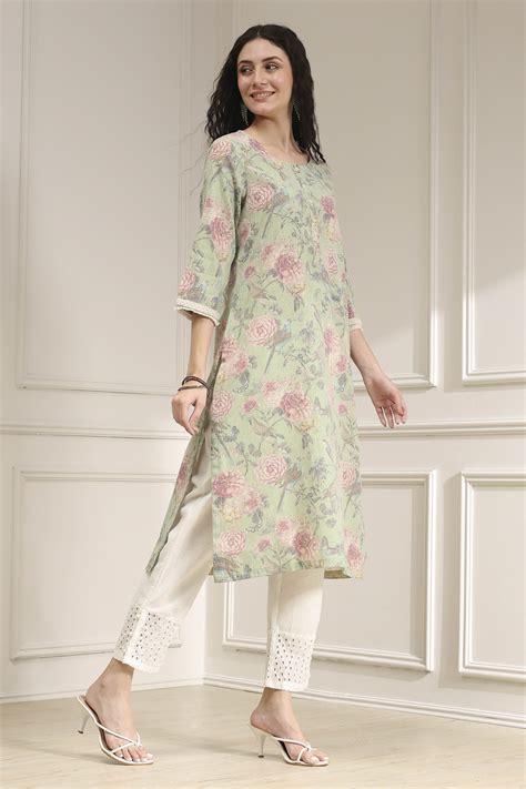 Buy Light Green Cotton Blend Printed Straight Kurta Online at Biba India