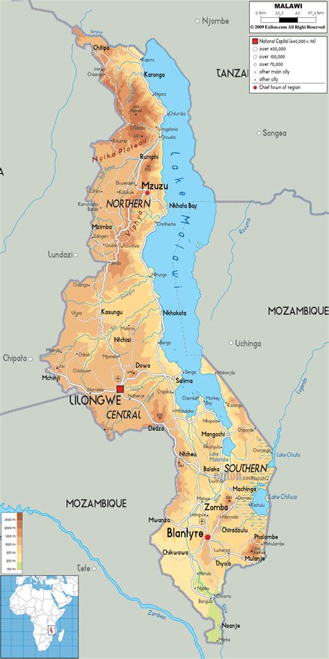Large detailed physical map of Malawi with roads and cities | Vidiani.com | Maps of all ...