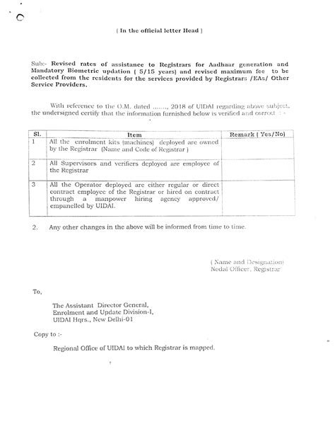 Revised rate for Aadhaar generation and Bio metric Updation in Post Offices