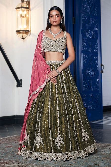 Buy Green Tissue Mirrors, Sequins Linear Embroidered Lehenga Set For ...