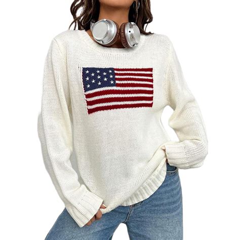 AmShibel 4th of July Women American Flag Sweater Vintage Knitted Long ...