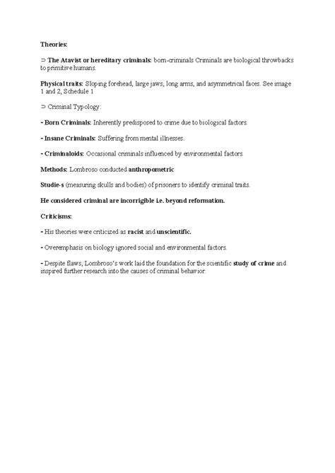 Theories of Criminal Behavior: Lombroso's Biological Perspectives - Studocu