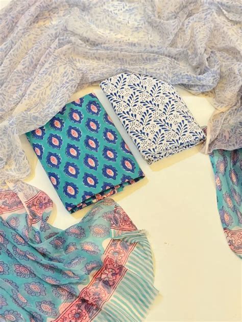 Sky blue print off white pure cotton suit set