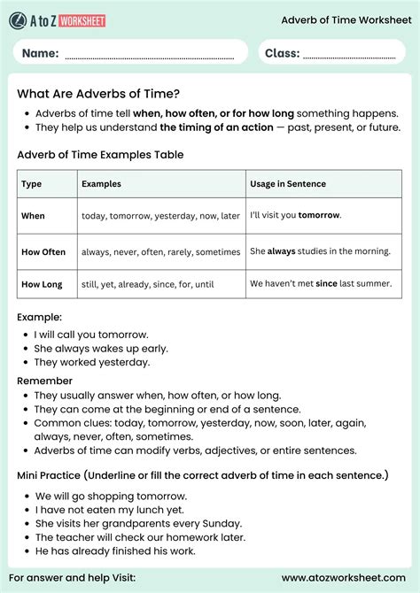 Adverb of Time Worksheets (Free Printable PDF) - A to Z Worksheet