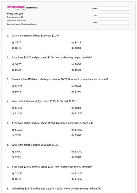 50+ Money Math worksheets for Class 3 on Wayground | Free & Printable