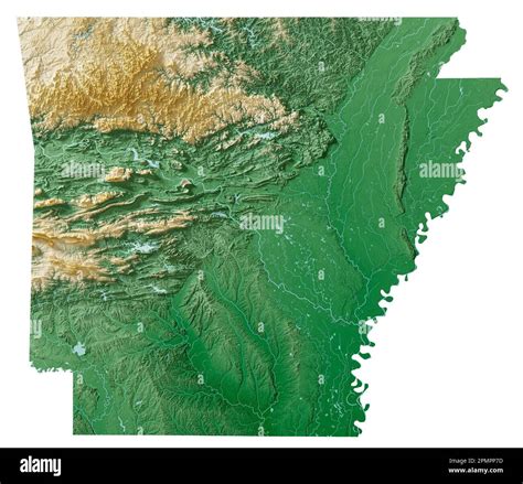 The US state of Arkansas. Highly detailed 3D rendering of shaded relief ...