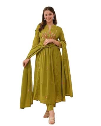 Buy Komfortive Olive Green Cotton Anarkali Kurta Set for Women with ...