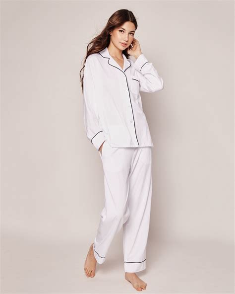 Women's Pima Pajama Set in White with Navy Piping | Luxury sleepwear ...