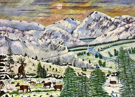 Ben Powell - Contemporary British Acrylic Painting Family of Deer/ Stags in Highland Winter For ...