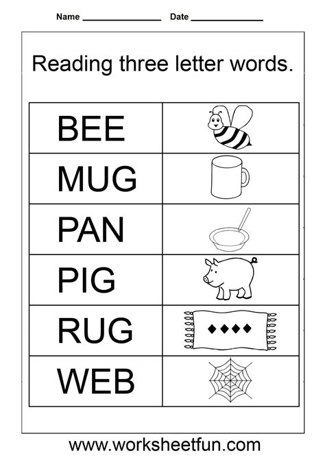 Worksheet for Reading Three Letter Words with Animal Pictures
