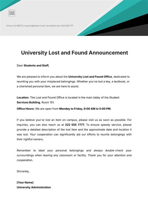 Free University Lost and Found Announcement Notice Template to Edit Online