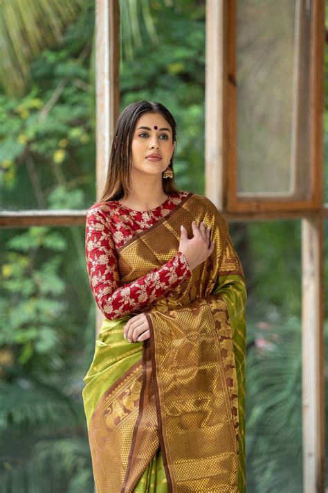 Envy Green Zari Stripes Pure Kanchipuram Silk Saree