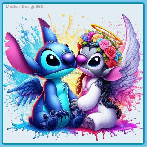 Stitch and Angel Kiss Watercolor PNG, Clipart Images, Rainbow Aesthetic ...