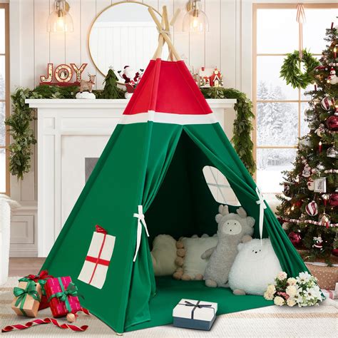 WIRHAO Christmas Tent for Kids with Padded Mat Cotton Canvas Teepee ...