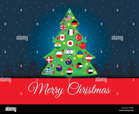 Christmas background. International Christmas tree. flags of the world. Vector illustration ...