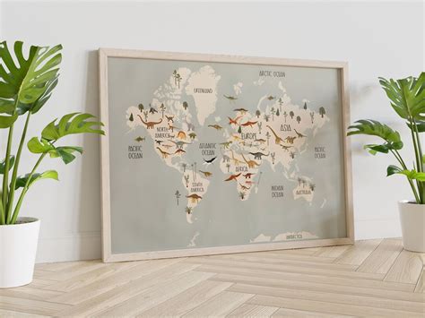 Buy Dinosaur Themed Map Kids World Map Wall Hanging Homeschool Decor ...