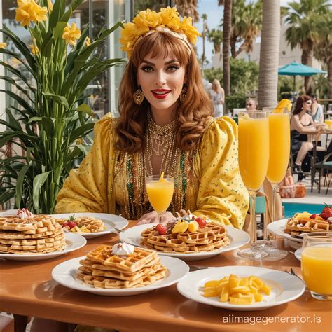 Elegant Woman in Gucci Enjoying Brunch with Waffles and Mimosas ...