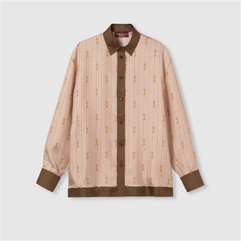 Printed silk twill shirt in light pink and brown | GUCCI® ES
