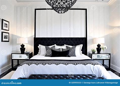 Luxurious Black-and-White Themed Bedroom with Modern Elegance Stock ...