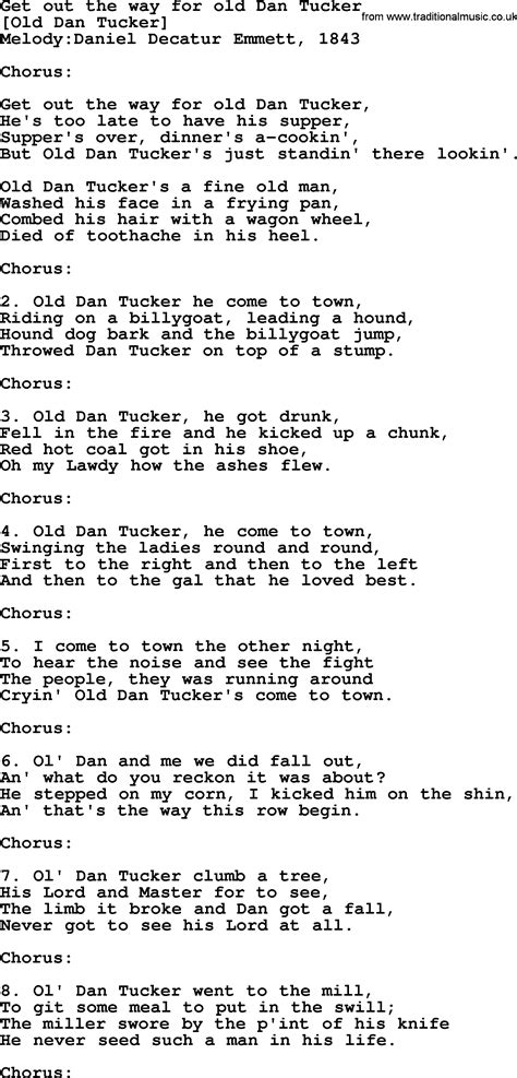 Old American Song - Lyrics for: Get Out The Way For Old Dan Tucker ...
