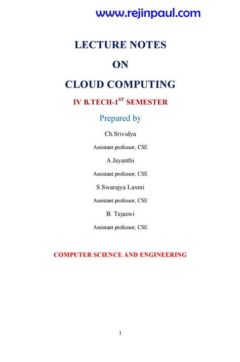 CC Lecture Notes - LECTURE NOTES ON CLOUD COMPUTING IV B-1ST SEMESTER ...
