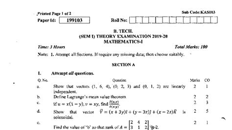 Mathematics I Theory Exam - KAS-103-1 - 3 Hours, 100 Marks - Studocu