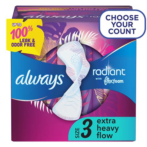 Always Radiant Feminine Pads with Wings, Size 3, Extra Heavy Absorbency ...