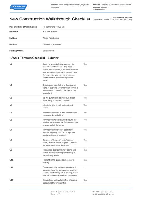 New Construction Walkthrough Checklist Template Download As PDF New ...