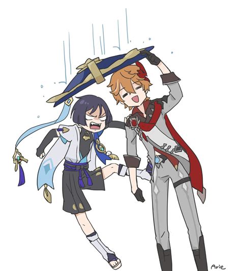 「リクエスト頂いた「放浪者の傘で雨宿りをしようとするタルタリヤ」です。 」|有江のイラスト