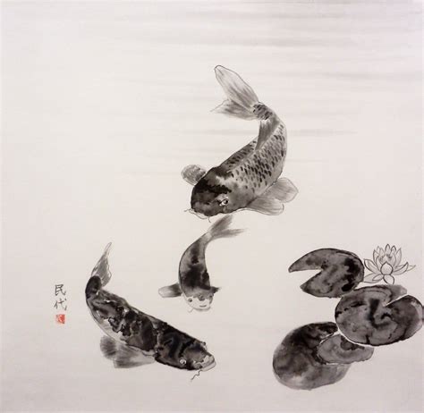 Koi in a Pond Suibokuga Painting