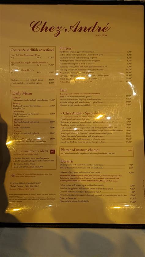 Menu at Chez André restaurant, Paris, 12 Rue Marbeuf
